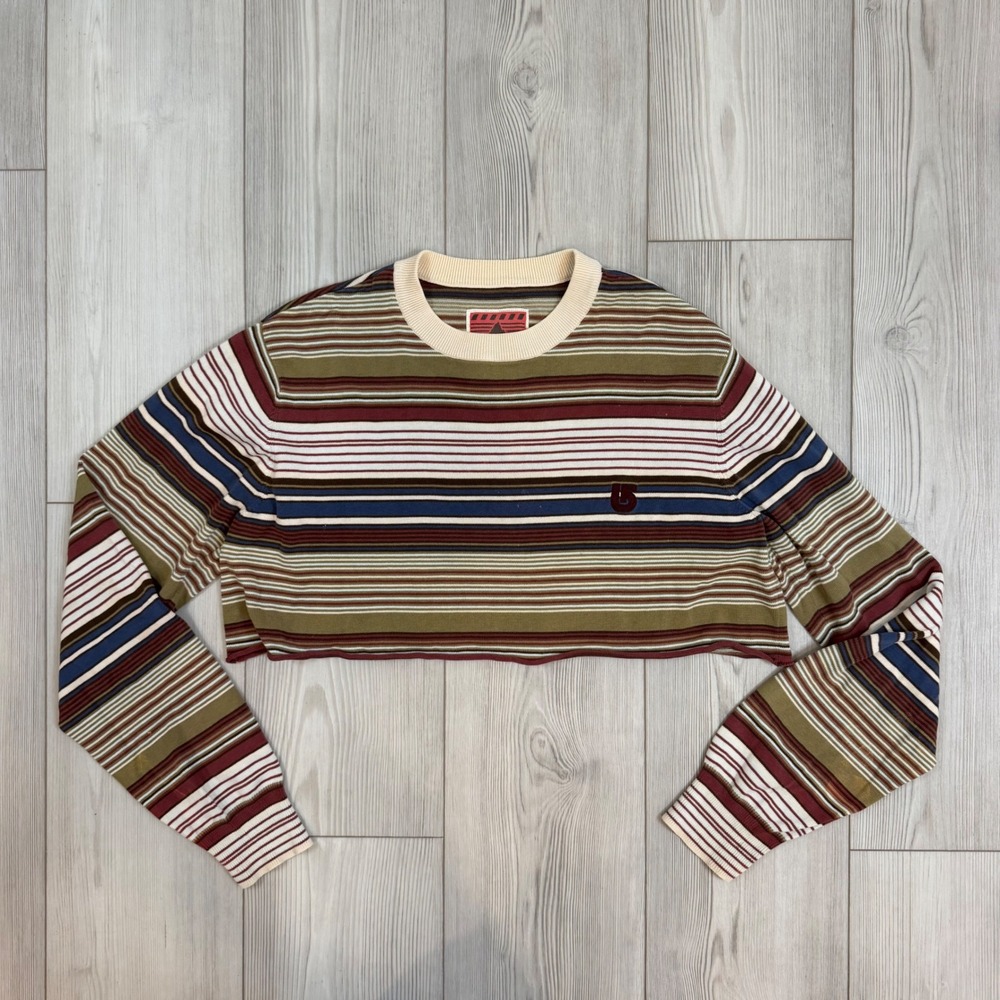 Burton Striped Cropped Long Sleeve Knit Top Crewneck Multicolor Earth Tones M